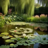 A serene garden pond with blooming water lilies, surrounded by weeping willows and wildflowers in full bloom.