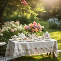 A charming garden tea party setup with delicate china, floral arrangements, and a vintage tablecloth, set among blooming flower beds.