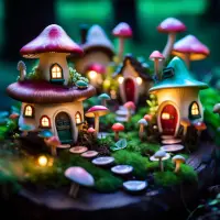 A whimsical fairy garden with tiny houses and glowing mushrooms.