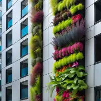 A vibrant vertical garden on the side of a modern building.
