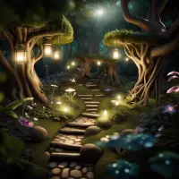 An enchanted forest garden with magical lighting and hidden pathways.