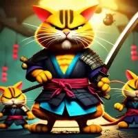 Garfield cat as a samurai warrior with ninja rats as his allies.