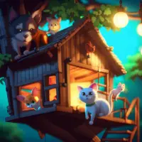 Cat, dog, and rat in a treehouse adventure.